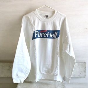 Gildan Heavy Blend Men White Crewneck Sweater Long Sleeve with Blue Graphic Sz L